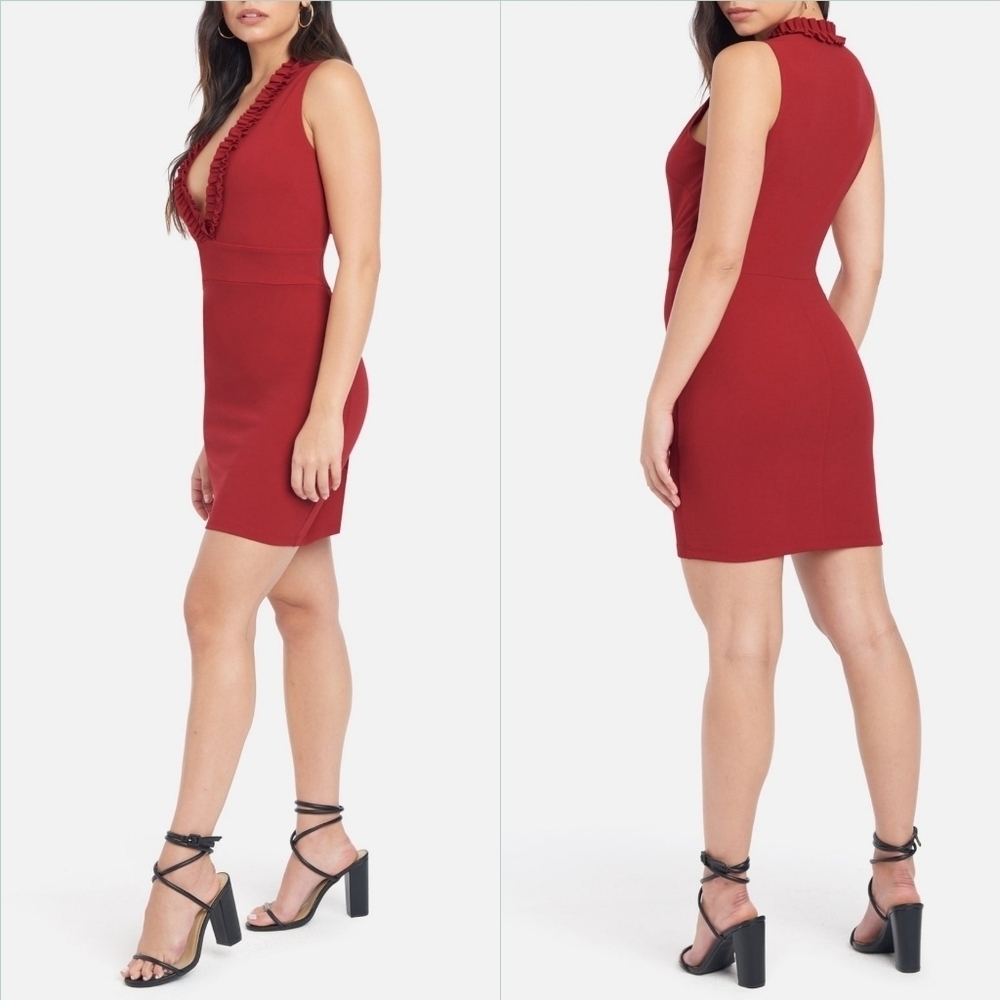 BEBE Plunging Ruffle V Neck Bodycon Dress